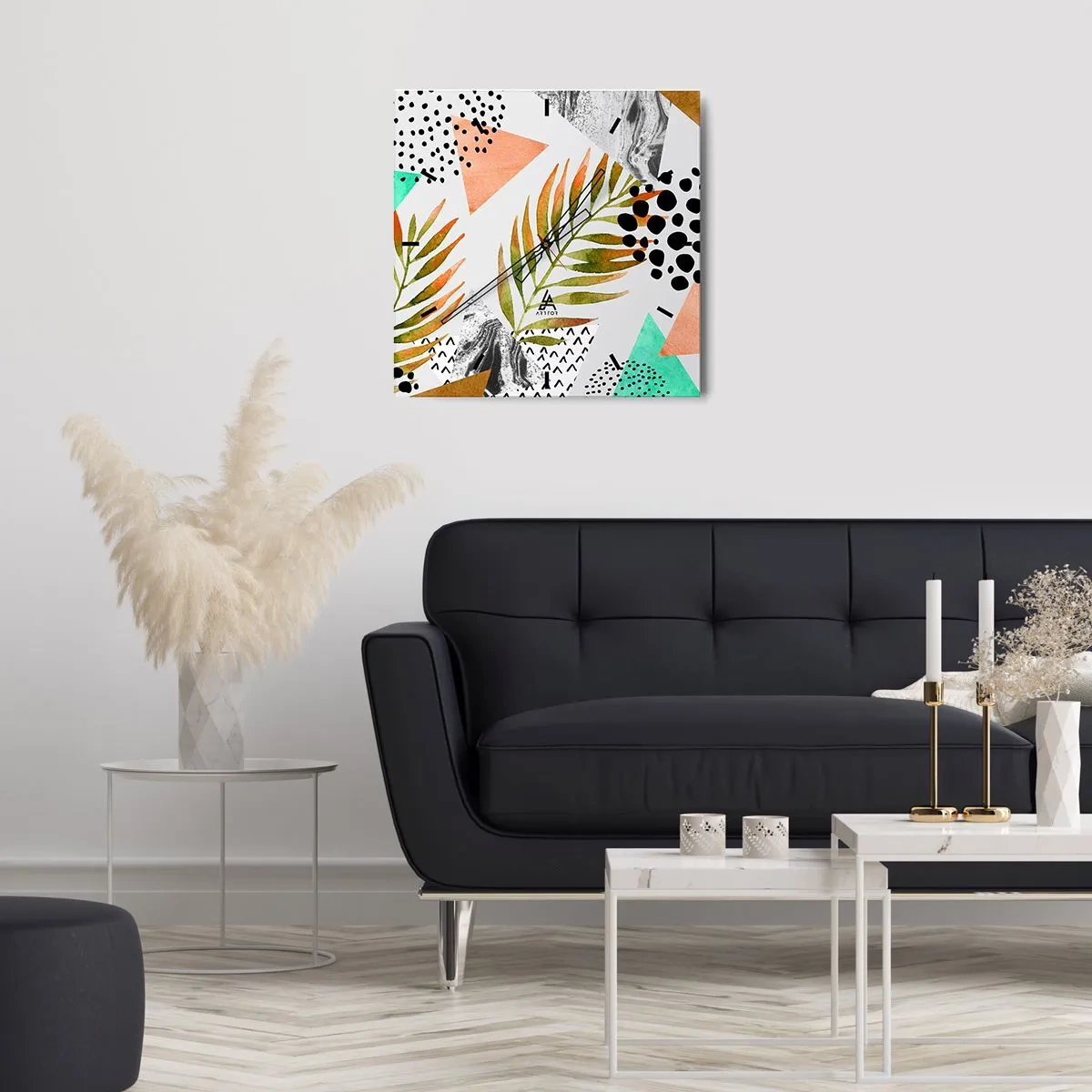 Orologio da parete - Orologio in Vetro - Motivo tropicale con foglie e forme geometriche - 30x30cm - Decorazione con foglie di palma - Decorazione murale moderna per soggiorno e camera da letto ARTTOR