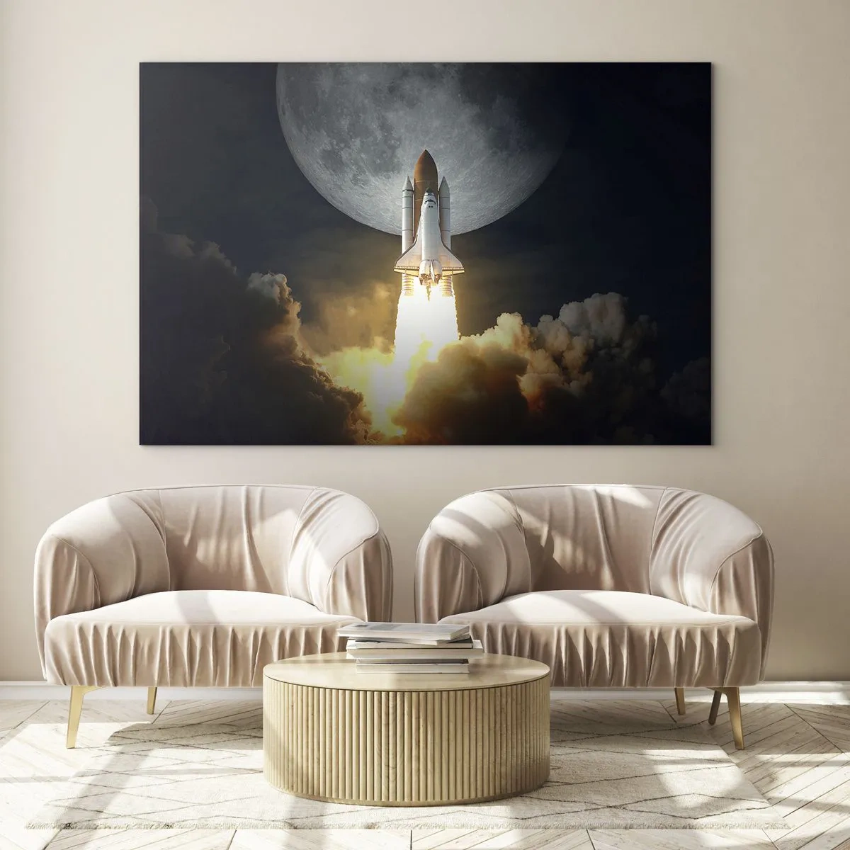 Quadro su vetro - Il lancio di un razzo spaziale sullo sfondo della luna e del cielo notturno. - 100x70cm - L'inizio di un'avventura spaziale - Decorazione murale moderna per soggiorno e camera da letto ARTTOR