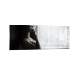 Quadro su vetro - Una donna in posa sensuale in una fotografia in bianco e nero - 140x50cm - Attimo sensuale - Decorazione murale moderna per soggiorno e camera da letto ARTTOR