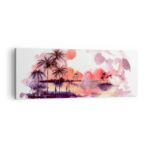Quadro su tela - Stampe su Tela - Paesaggio tropicale con palme al tramonto in acquerello - 140x50cm - Pace dei tropici in rosso - Decorazione murale moderna per soggiorno e camera da letto ARTTOR