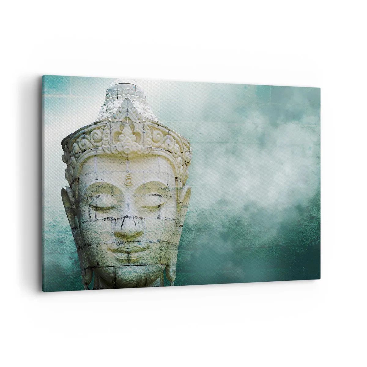 Quadro su tela - Stampe su Tela - Statua del Buddha con una leggera nebbia su uno sfondo verde - 100x70cm - Cercando la luce - Decorazione murale moderna per soggiorno e camera da letto ARTTOR