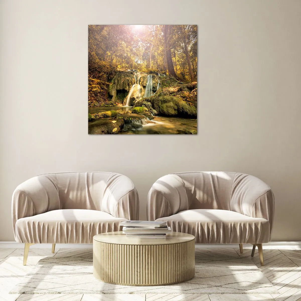 Quadro su vetro - Cascata boschiva in verde - 40x40 cm