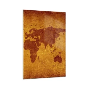 Quadro su vetro - Mappa del mondo vintage su sfondo marrone e oro. - 70x100cm - Invito a viaggiare - Decorazione murale moderna per soggiorno e camera da letto ARTTOR