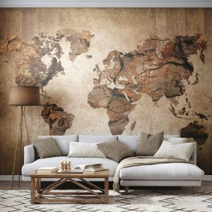 Fotomurali Premium Sand - Mappa del mondo effetto legno rustico - 100x70cm - Alla scoperta del mondo - Decorazione murale moderna per soggiorno e camera da letto ARTTOR