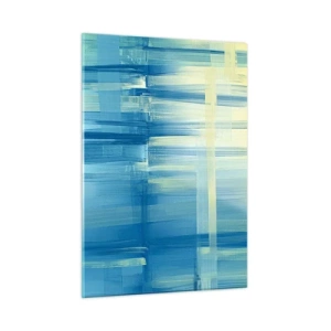 Quadro su vetro - Pennellate astratte in turchese e giallo - 50x70cm - Composizione in turchese - Decorazione murale moderna per soggiorno e camera da letto ARTTOR