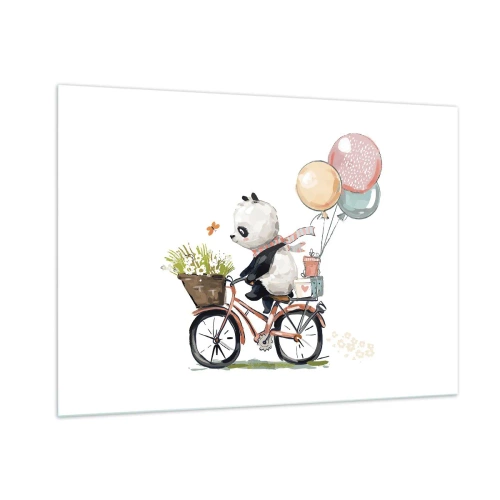 Quadro su vetro - Un panda in bicicletta con palloncini e un cesto di fiori. - 100x70cm - Giorno felice - Decorazione murale moderna per soggiorno e camera da letto ARTTOR