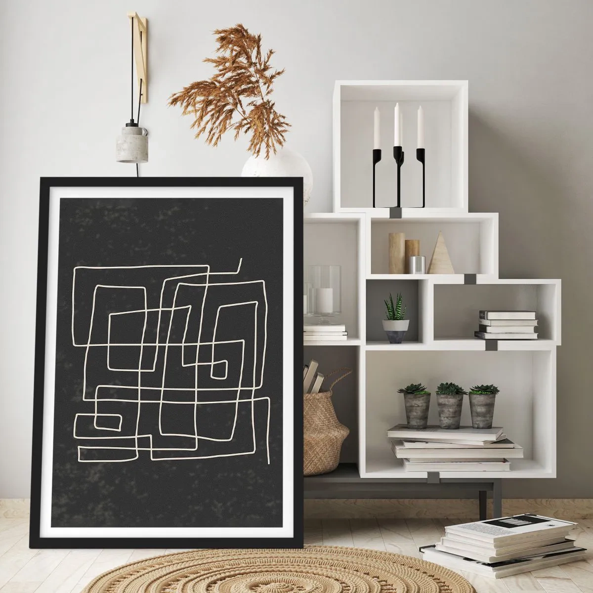 Poster in cornice nera - Astrazione geometrica su sfondo nero - 50x70cm - Non è così semplice - Decorazione murale moderna per soggiorno e camera da letto ARTTOR