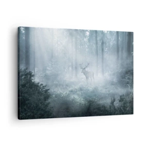 Quadro su tela - Stampe su Tela - Un cervo in una fitta foresta avvolto nella nebbia mattutina - 70x50cm - Passeggiata mattutina sulle sue terre - Decorazione murale moderna per soggiorno e camera da letto ARTTOR