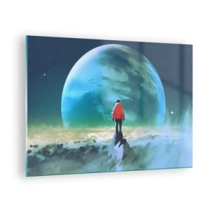 Quadro su vetro - Una figura con una giacca rossa sullo sfondo di un enorme pianeta e stelle - 70x50cm - Scopritore di una nuova terra - Decorazione murale moderna per soggiorno e camera da letto ARTTOR