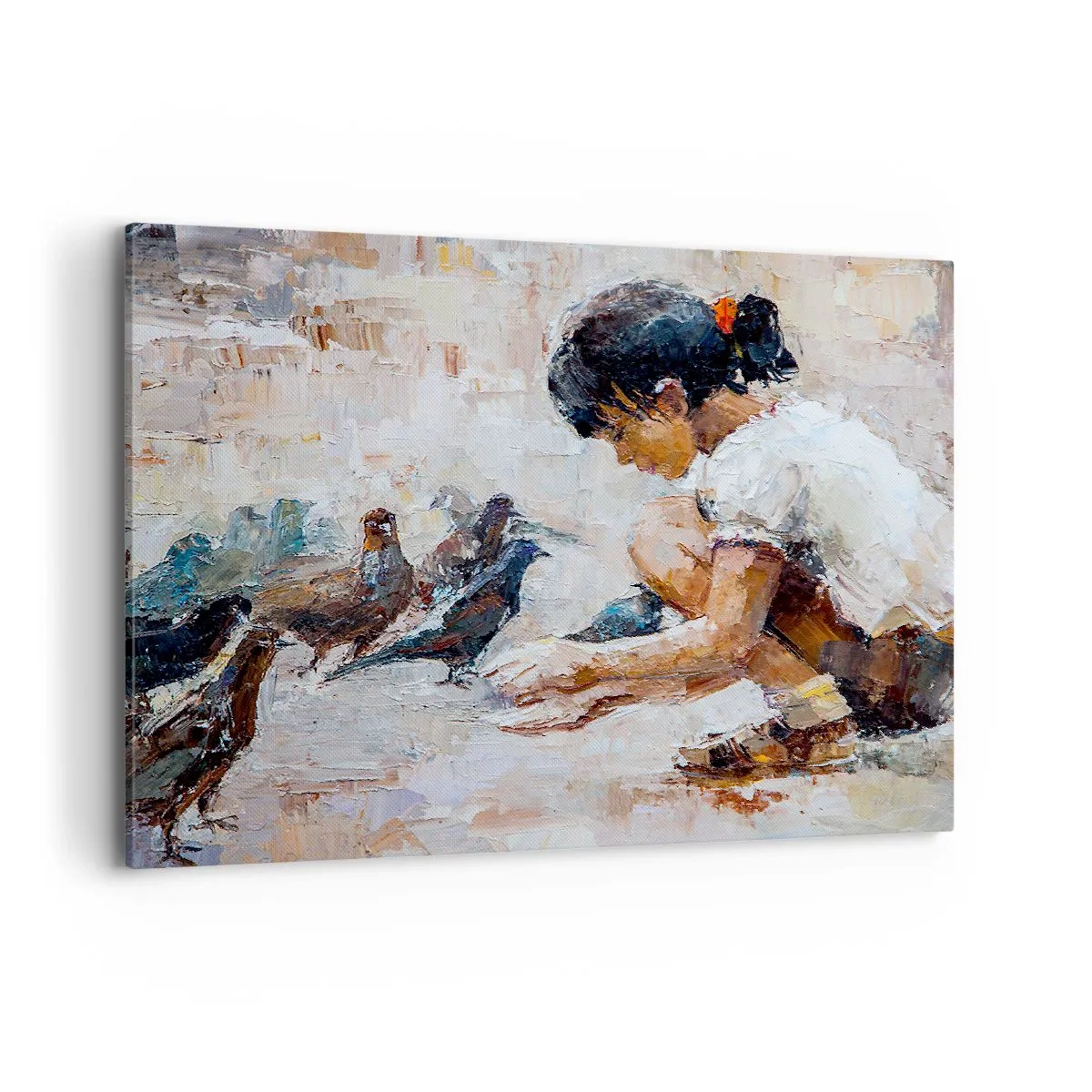 Quadro su tela - Stampe su Tela - Una ragazza che dà da mangiare agli uccelli in stile pittorico - 100x70cm - Piccoli e gentili - Decorazione murale moderna per soggiorno e camera da letto ARTTOR