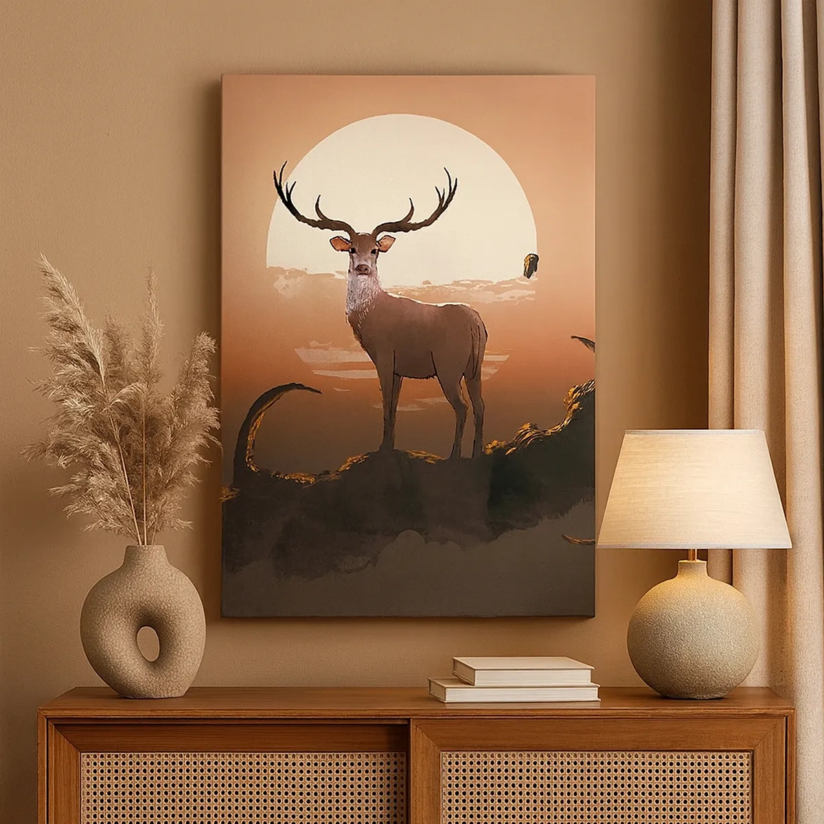 Quadro su tela - Stampe su Tela - Un cervo sullo sfondo del sole al tramonto e di un paesaggio surreale - 50x70cm - Questa notte è diversa dalle altre - Decorazione murale moderna per soggiorno e camera da letto ARTTOR