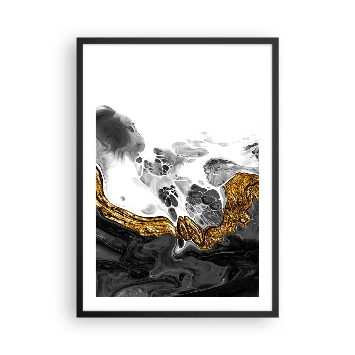Poster in cornice nera - Composizione astratta di nero, bianco e oro - 50x70cm - Composizione organica - Decorazione murale moderna per soggiorno e camera da letto ARTTOR