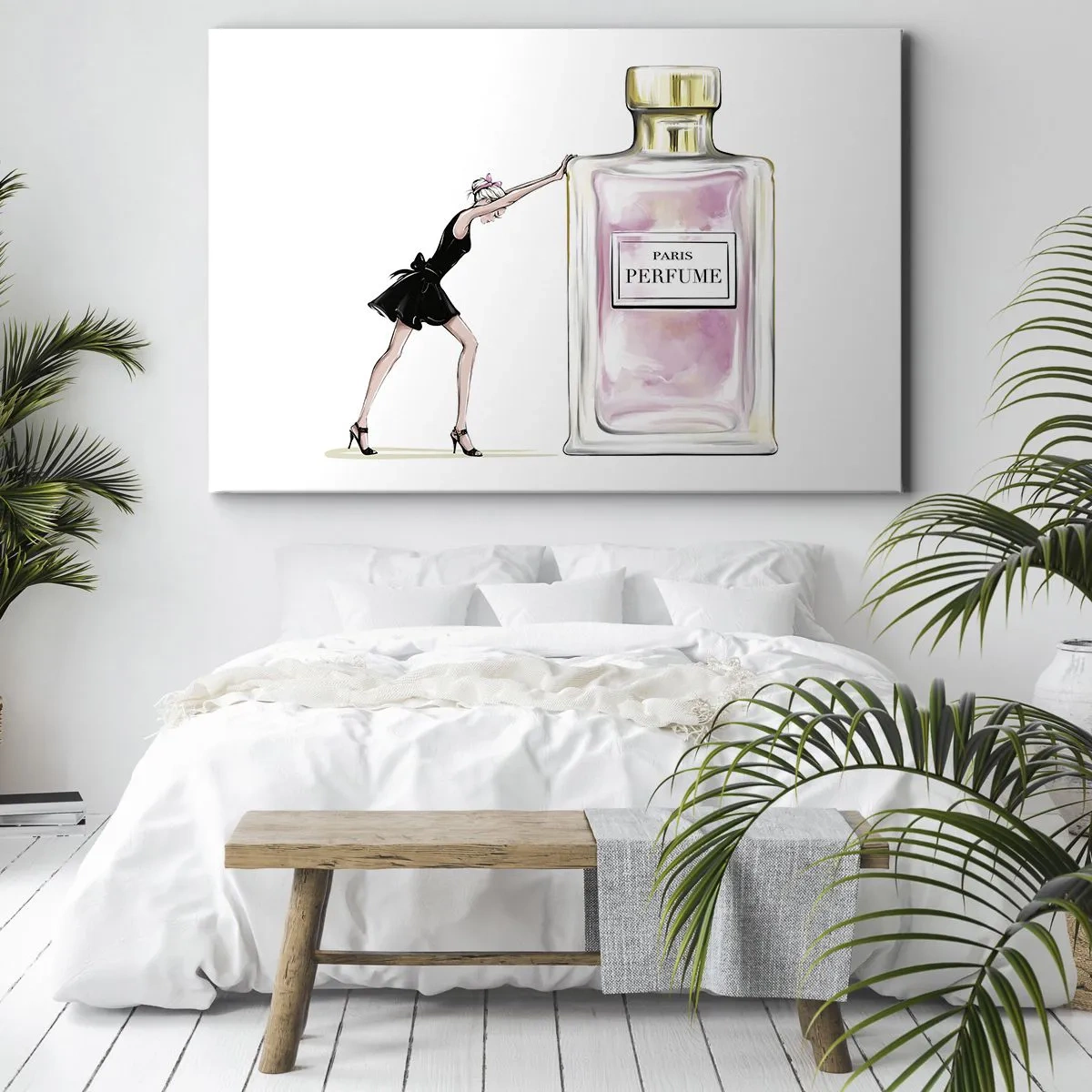 Quadro su tela - Stampe su Tela - Una donna in abito nero accanto a una bottiglia di profumo - 70x50cm - L'essenza della femminilità - Decorazione murale moderna per soggiorno e camera da letto ARTTOR