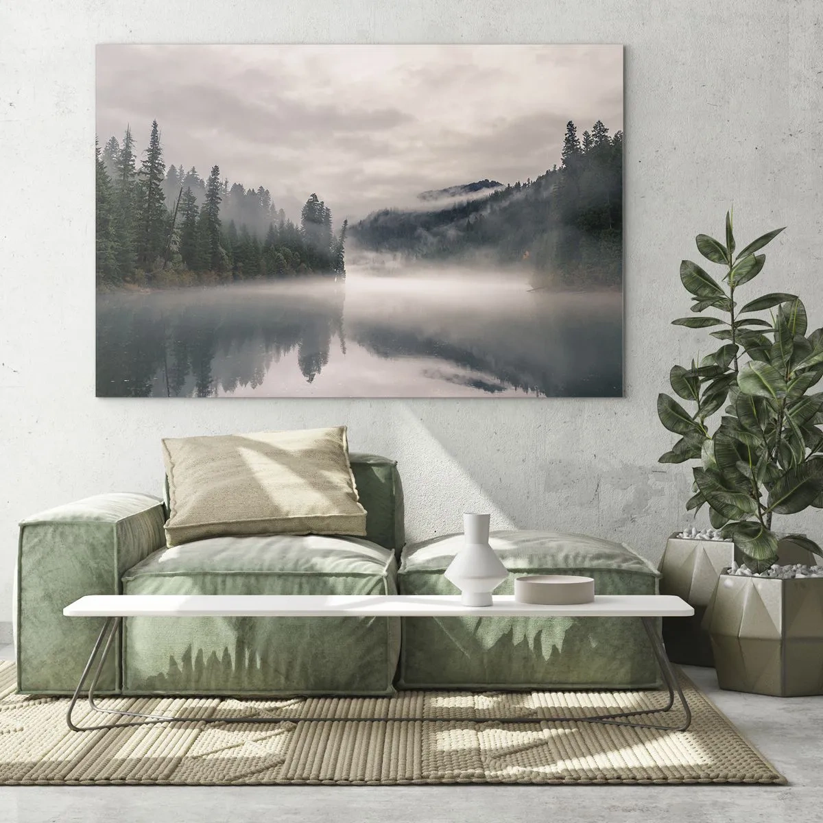 Quadro su vetro - Vista mattutina di un lago nella foresta, avvolto nella nebbia - 70x50cm - Riflettendo nella nebbia - Decorazione murale moderna per soggiorno e camera da letto ARTTOR