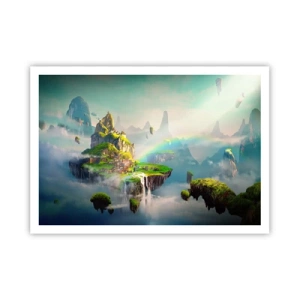 Poster - Isole volanti tra le nuvole con un arcobaleno all'orizzonte - 100x70cm - In mezzo al cielo: isole fortunate - Decorazione murale moderna per soggiorno e camera da letto ARTTOR