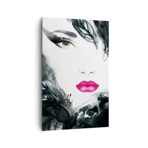 Quadro su tela - Stampe su Tela - Ritratto artistico di una donna con labbra intensamente rosa - 80x120cm - Attenzione! Femme fatale - Decorazione murale moderna per soggiorno e camera da letto ARTTOR