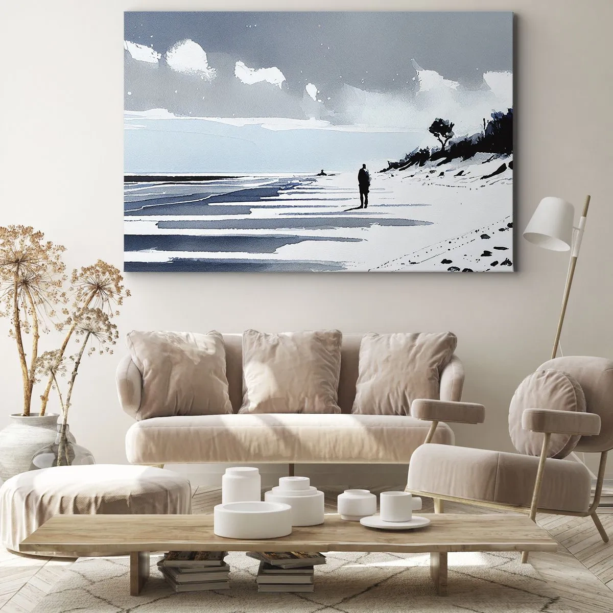 Quadro su tela - Stampe su Tela - Una figura solitaria che cammina su una spiaggia deserta - 100x70cm - Solo con se stesso - Decorazione murale moderna per soggiorno e camera da letto ARTTOR