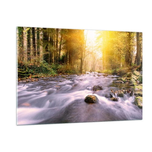 Quadro su vetro - Ruscello della foresta alla luce del sole - 120x80cm - Malachite in cornice oro-argento - Decorazione murale moderna per soggiorno e camera da letto ARTTOR