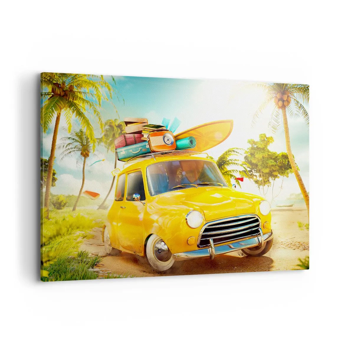 Quadro su tela - Stampe su Tela - Un'auto gialla con bagagli sullo sfondo di un paesaggio tropicale - 120x80cm - Viaggio nel paese dei sorrisi - Decorazione murale moderna per soggiorno e camera da letto ARTTOR