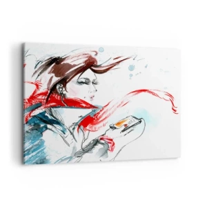 Quadro su tela - Stampe su Tela - Una donna con una sciarpa rossa con pennellate dinamiche ad acquerello - 100x70cm - Sentire la musica dentro - Decorazione murale moderna per soggiorno e camera da letto ARTTOR
