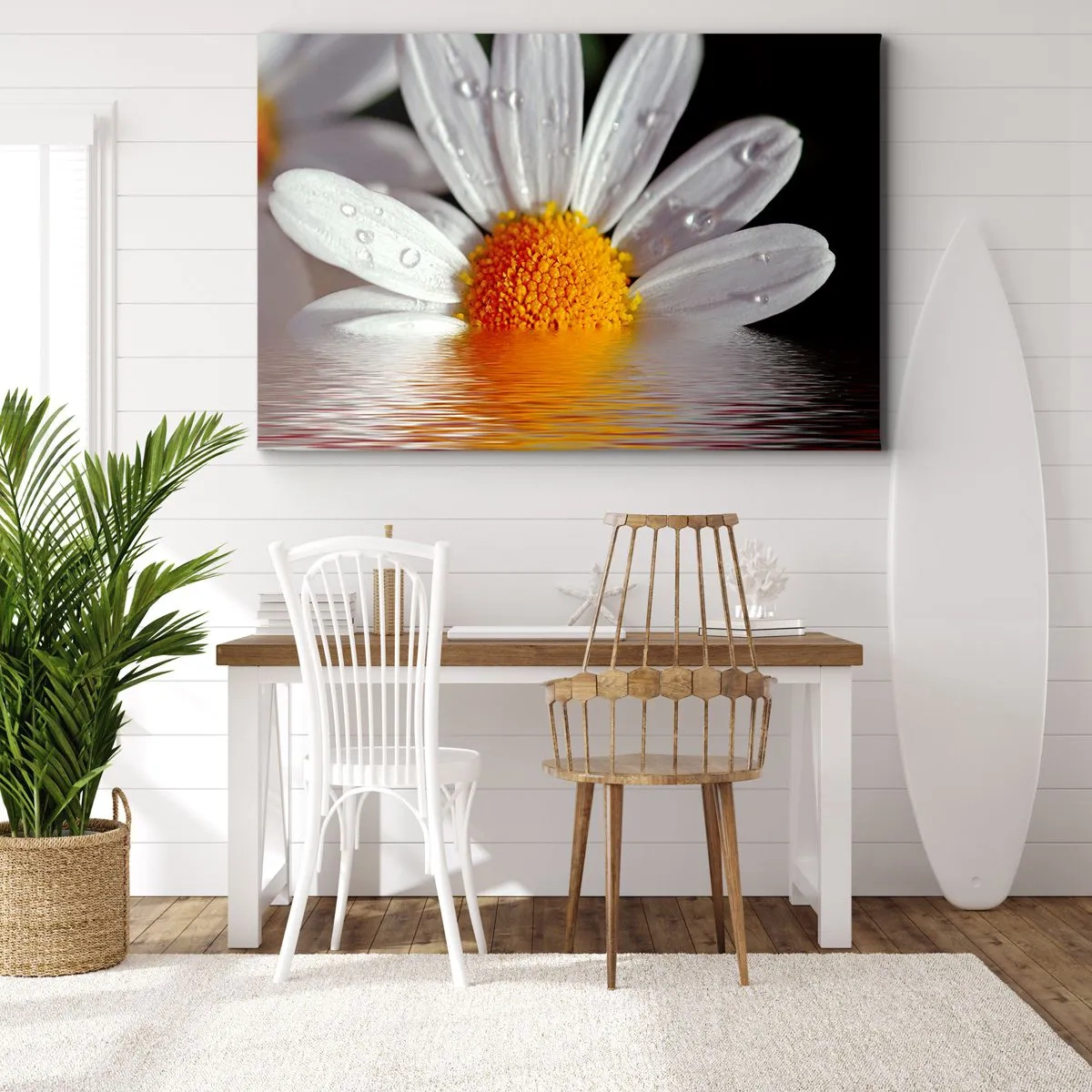 Quadro su tela - Stampe su Tela - Una margherita bianca con gocce d'acqua immerse in un riflesso d'acqua - 70x50cm - L'alba della margherita - Decorazione murale moderna per soggiorno e camera da letto ARTTOR