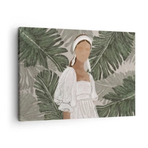 Quadro su tela - Stampe su Tela - Ritratto di una donna in abito bianco su uno sfondo di foglie di monstera - 70x50cm - Ritratto esotico - Decorazione murale moderna per soggiorno e camera da letto ARTTOR