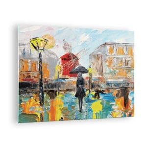 Quadro su vetro - Una donna con un ombrello sullo sfondo di una città nello stile dell'impressionismo - 70x50cm - Leggende di Parigi - Decorazione murale moderna per soggiorno e camera da letto ARTTOR