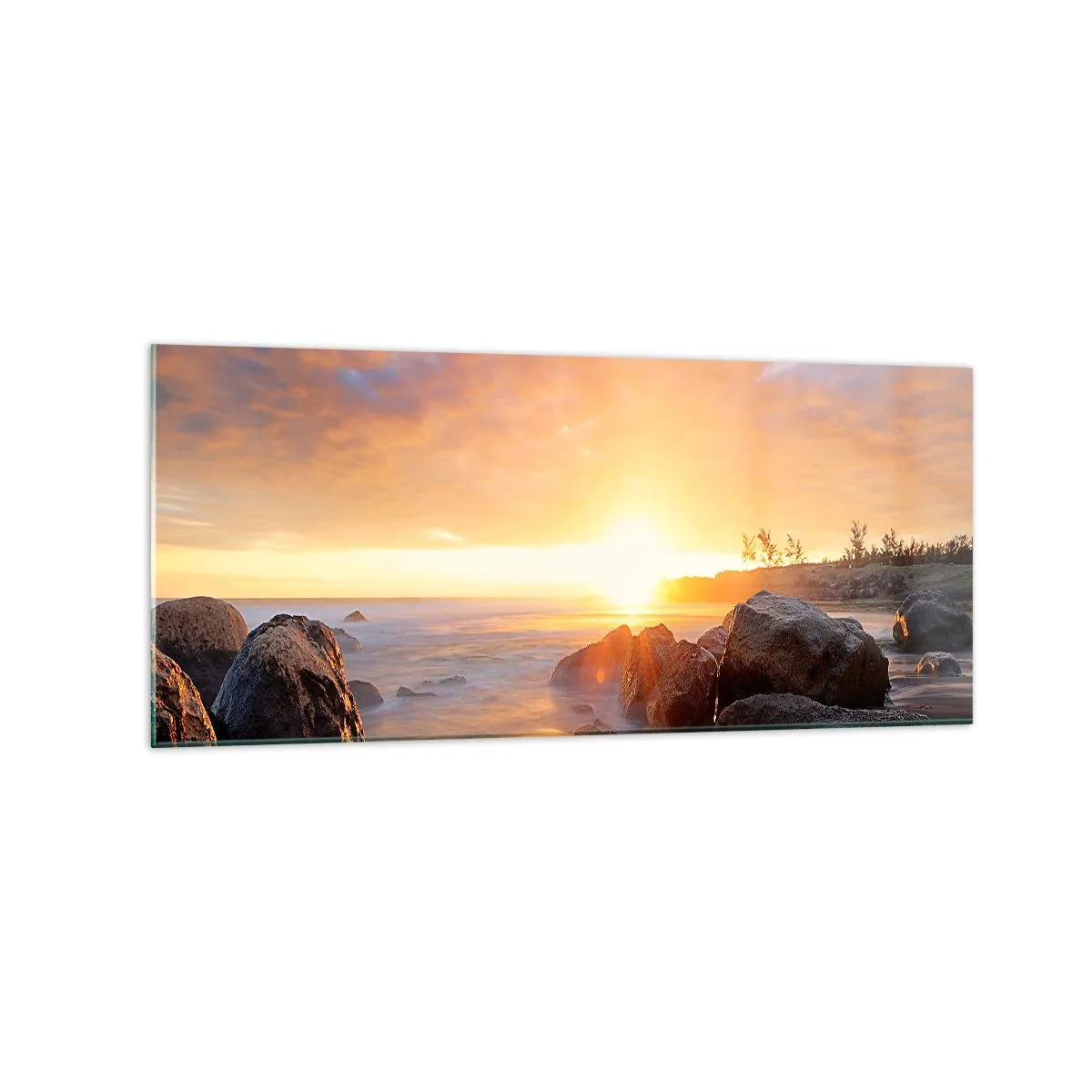 Quadro su vetro - Tramonto sulla costa rocciosa - 120x50cm - La luminosa brezza della sera - Decorazione murale moderna per soggiorno e camera da letto ARTTOR