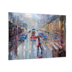 Quadro su vetro - Scena cittadina di notte con pioggia e luci colorate - 100x70cm - Pomeriggio di pioggia in città - Decorazione murale moderna per soggiorno e camera da letto ARTTOR