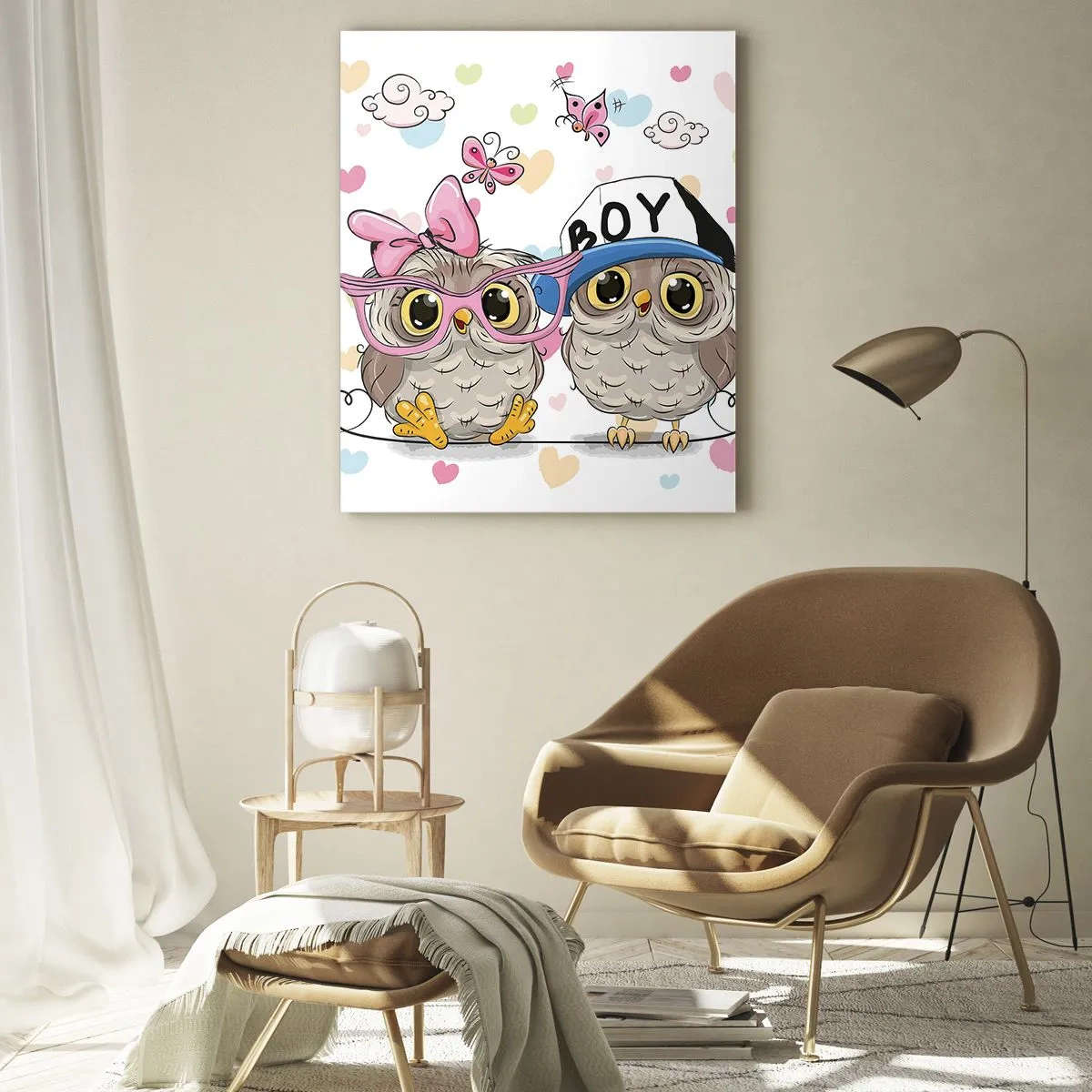 Quadro su vetro - Una coppia di allegri gufi in una composizione pastello - 50x70cm - Amiamoci! - Decorazione murale moderna per soggiorno e camera da letto ARTTOR