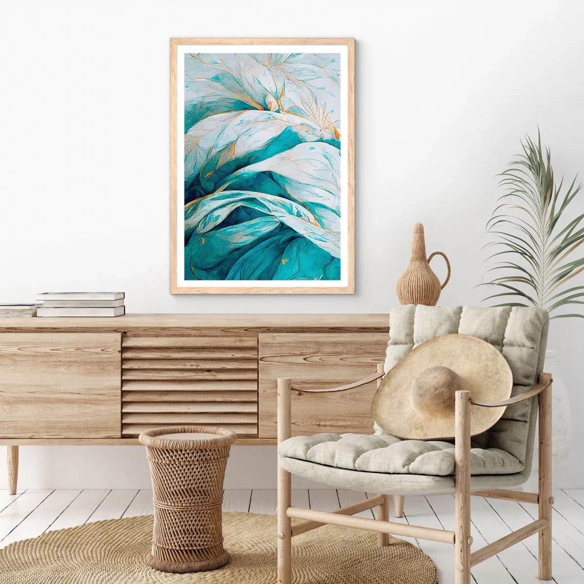 Poster in cornice rovere chiaro - Astrazione blu con motivi d'oro - 30x40 cm