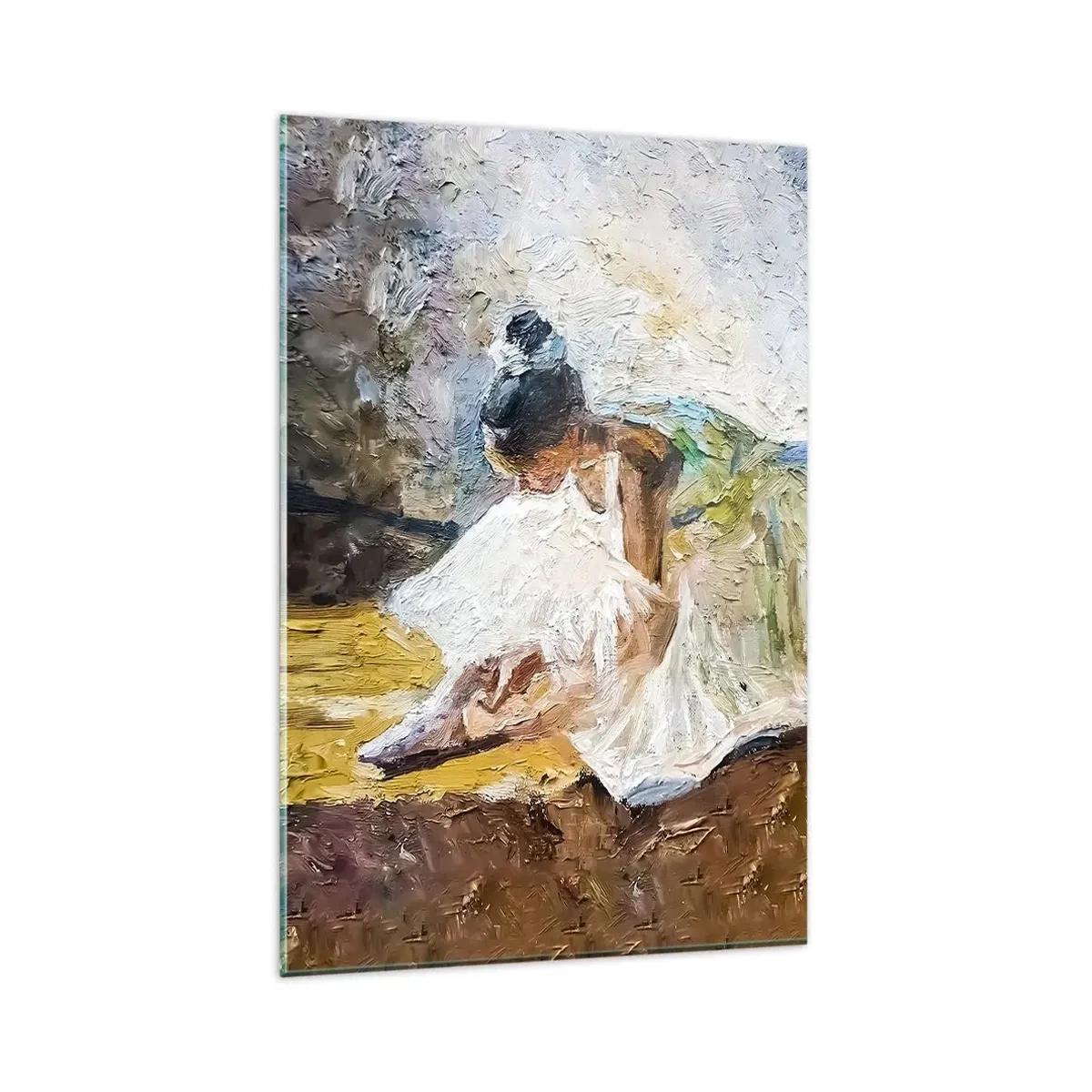 Quadro su vetro - Una ballerina in abito bianco in stile pittorico su uno sfondo impressionista. - 80x120cm - Dal quadro di Degas - Decorazione murale moderna per soggiorno e camera da letto ARTTOR