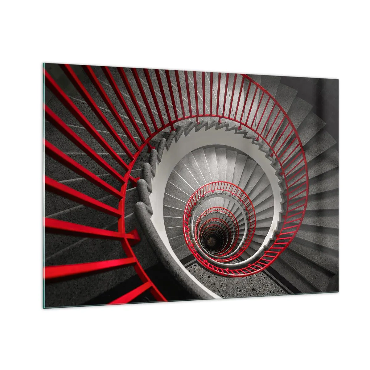 Quadro su vetro - Scala a chiocciola con corrimano rossi in prospettiva - 100x70cm - I giochi dell'architettura - Decorazione murale moderna per soggiorno e camera da letto ARTTOR
