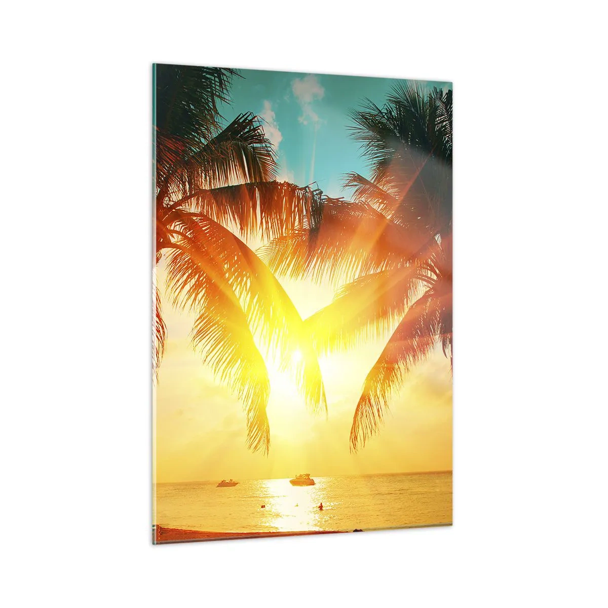 Quadro su vetro - Palme illuminate dal sole su una spiaggia tropicale - 50x70cm - Coppia esotica - Decorazione murale moderna per soggiorno e camera da letto ARTTOR
