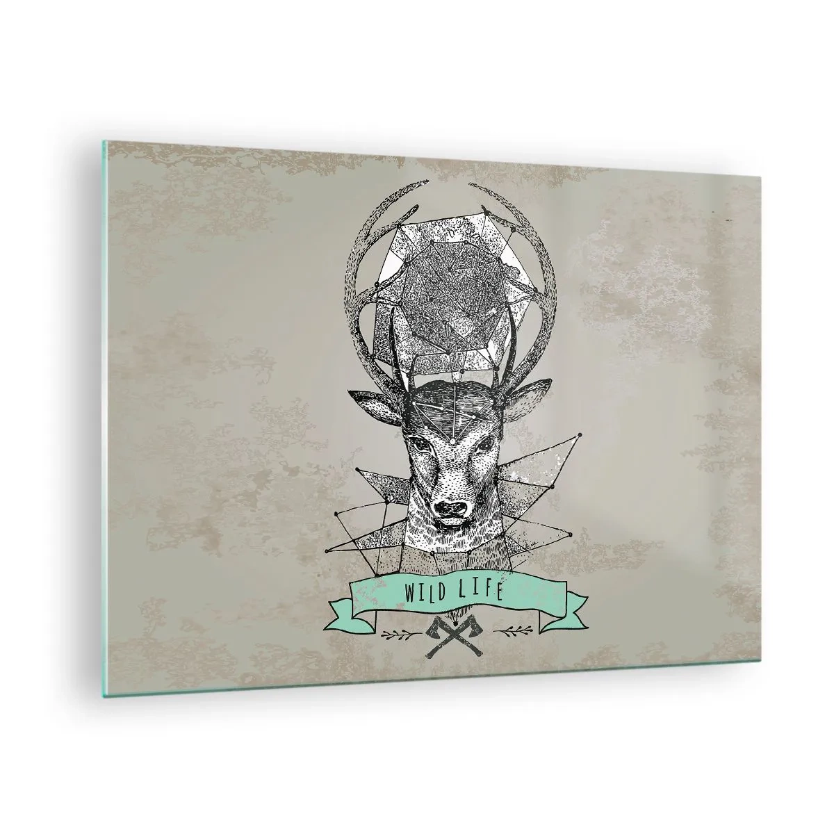 Quadro su vetro - Disegno geometrico di un cervo con la scritta Wild Life - 70x50cm - La visione di Sant'Uberto - Decorazione murale moderna per soggiorno e camera da letto ARTTOR