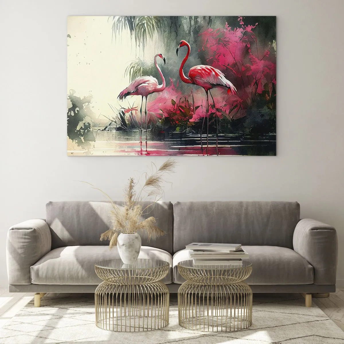 Quadro su vetro - Due fenicotteri in un ambiente tropicale in riva all'acqua - 70x50cm - Lezione di naturale eleganza - Decorazione murale moderna per soggiorno e camera da letto ARTTOR