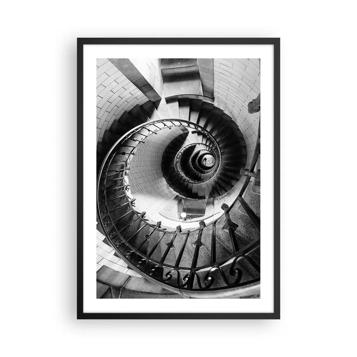 Poster in cornice nera - Scala a chiocciola in prospettiva in bianco e nero - 50x70cm - Ancora più in alto - Decorazione murale moderna per soggiorno e camera da letto ARTTOR