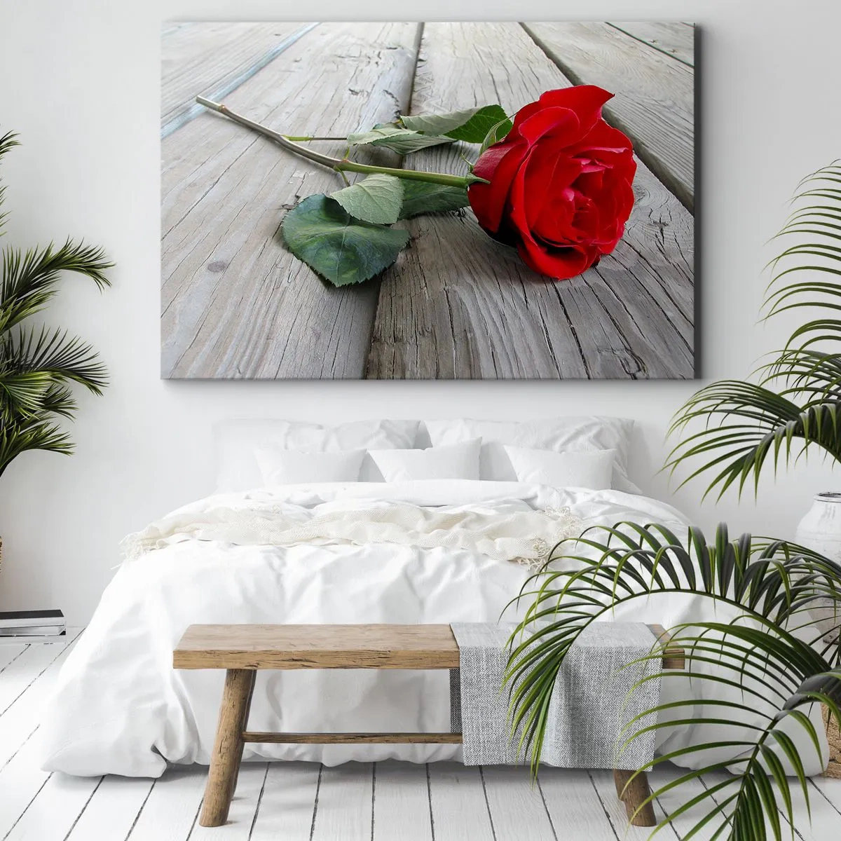 Quadro su tela - Stampe su Tela - Rosa rossa su uno sfondo di legno - 70x50cm - Studio in scarlatto - Decorazione murale moderna per soggiorno e camera da letto ARTTOR
