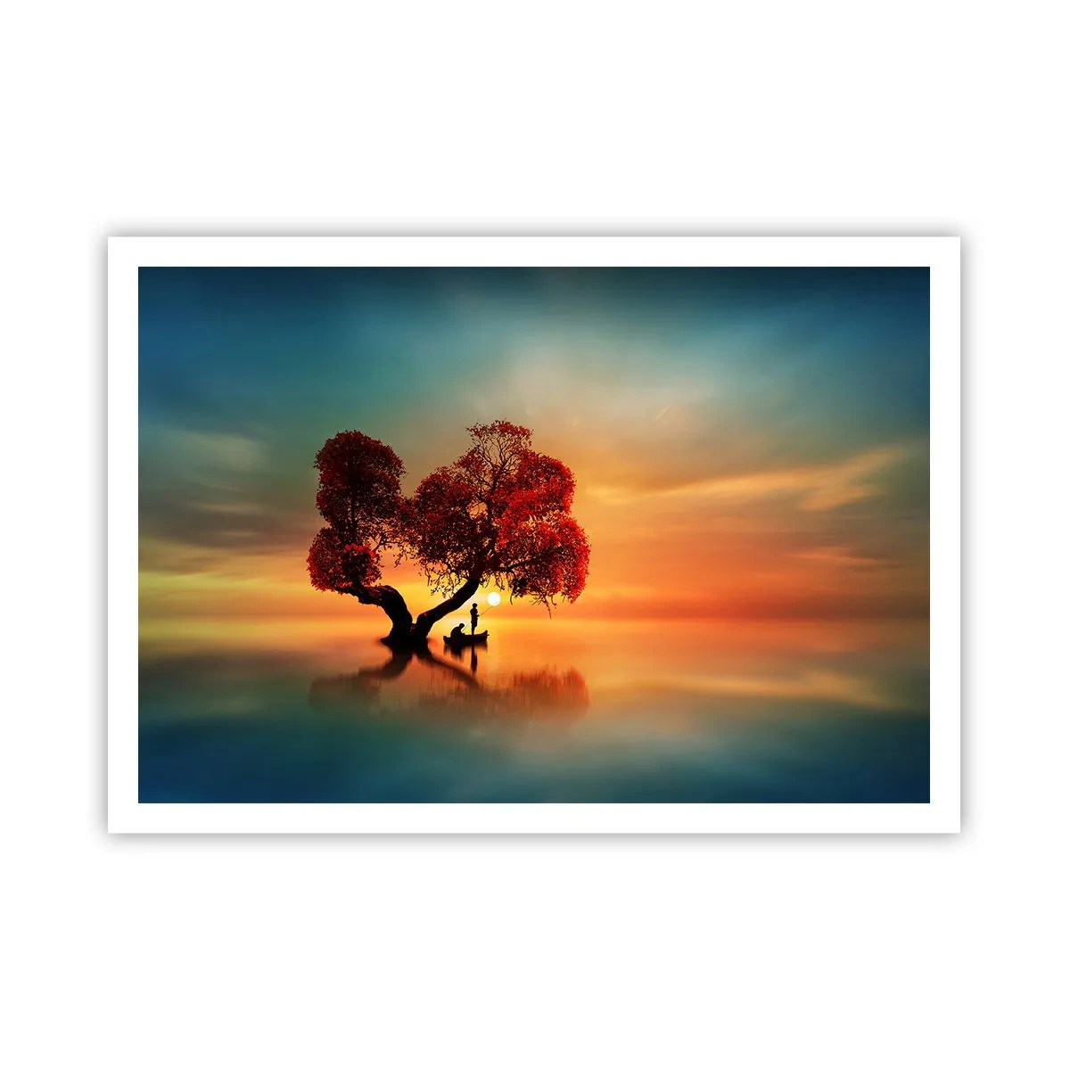 Poster - Un albero dalle foglie rosse e una barca sull'acqua al tramonto - 100x70cm - Gli esiliati e il silenzio fuori dal mondo - Decorazione murale moderna per soggiorno e camera da letto ARTTOR