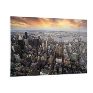 Quadro su vetro - Panorama della città con vista sui grattacieli al tramonto - 120x80cm - Il cuore pulsante dei nostri tempi - Decorazione murale moderna per soggiorno e camera da letto ARTTOR