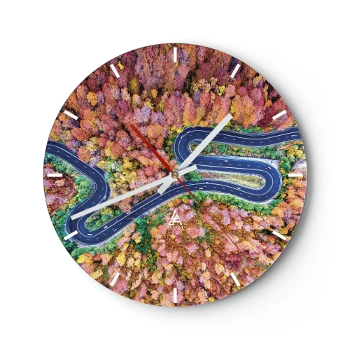 Orologio da parete - Orologio in Vetro - Una strada tortuosa attraverso la foresta autunnale - 30x30cm - Via tortuosa attraverso il bosco - Decorazione murale moderna per soggiorno, cucina e camera da letto ARTTOR