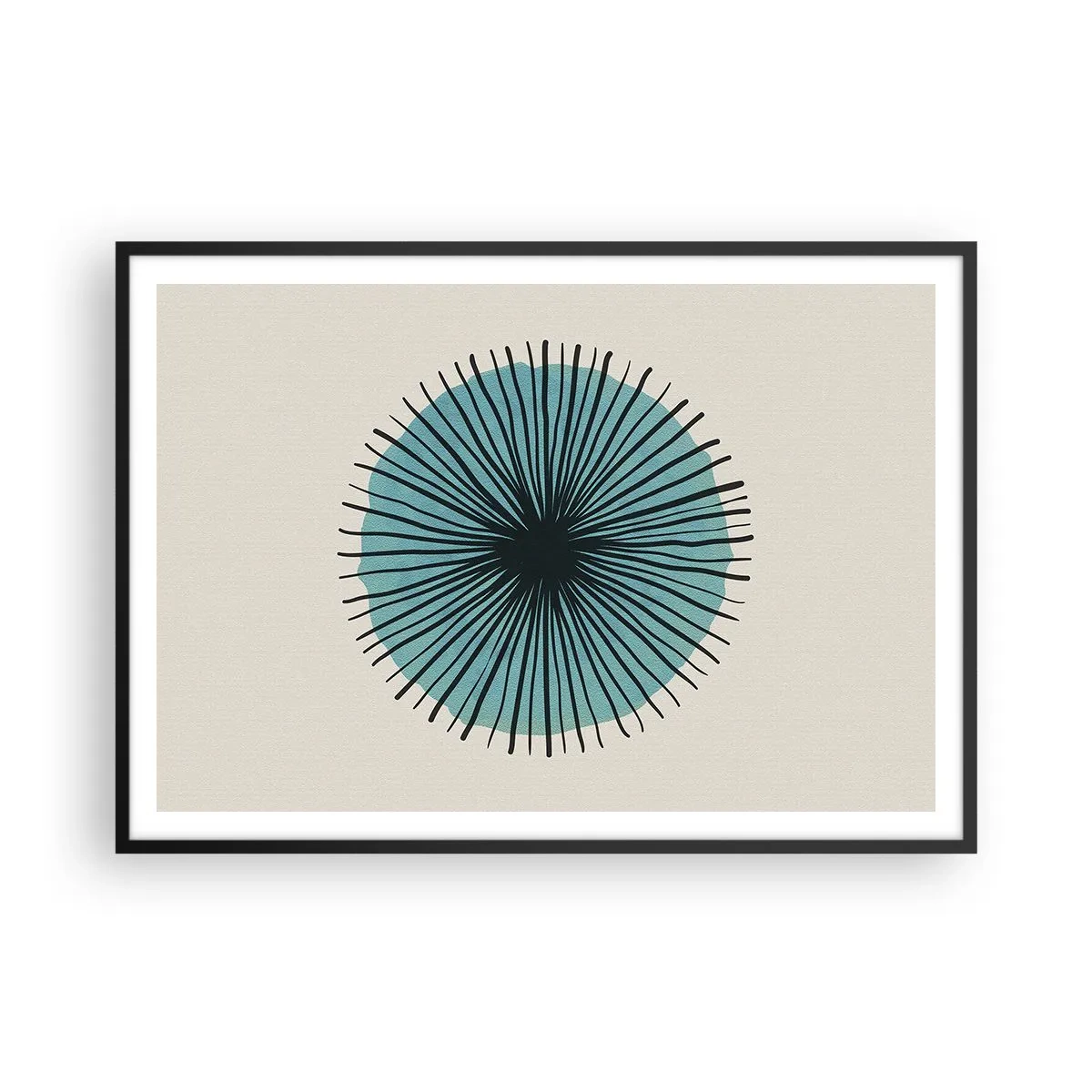 Poster in cornice nera - Forma circolare astratta con raggi blu - 100x70cm - Radiosamente nel blu - Decorazione murale moderna per soggiorno e camera da letto ARTTOR