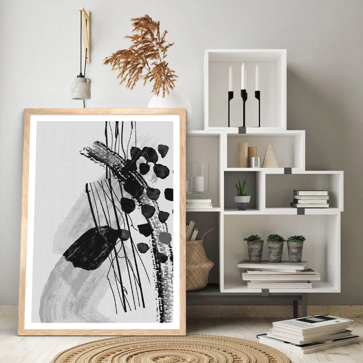 Poster in cornice rovere chiaro - Astrazione organica in bianco e nero - 70x100 cm