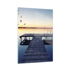 Quadro su vetro - Un molo sul lago con vista sul tramonto e sugli uccelli in volo - 50x70cm - È stata una buona giornata - Decorazione murale moderna per soggiorno e camera da letto ARTTOR