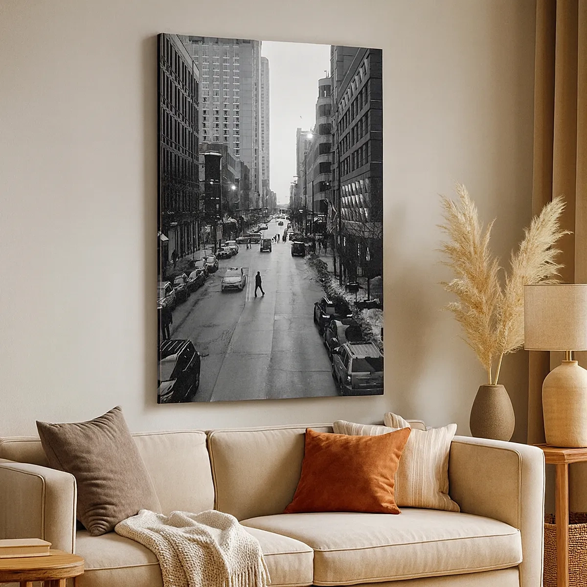 Quadro su tela - Stampe su Tela - Una strada bianca e nera nel centro della città con auto e pedoni - 50x70cm - Un giorno come tanti - Decorazione murale moderna per soggiorno e camera da letto ARTTOR
