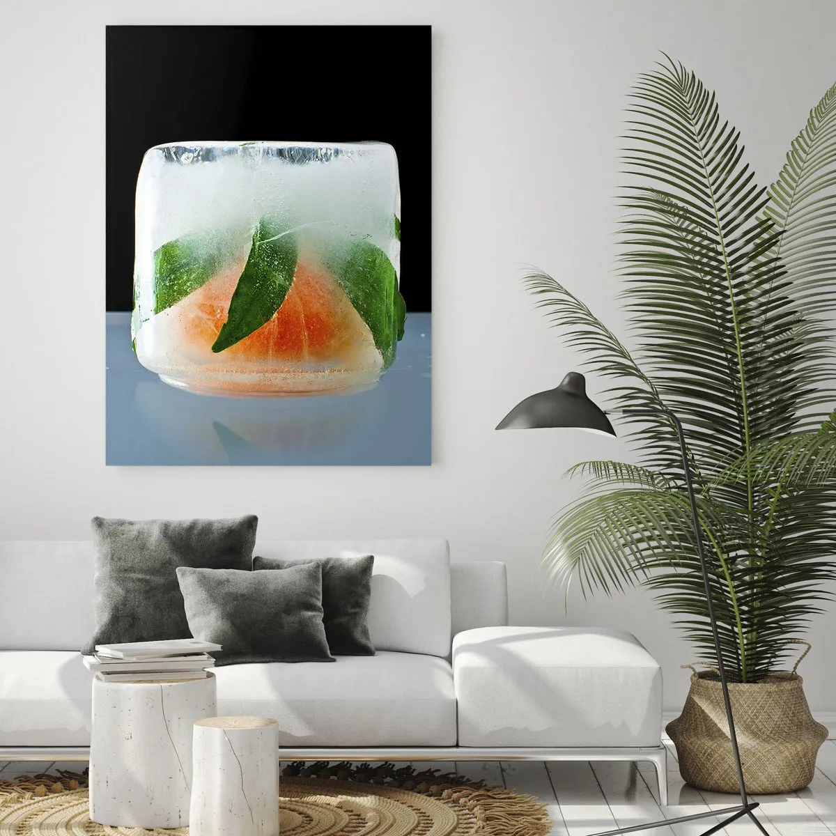 Quadro su vetro - Frutta e foglie congelate nel ghiaccio trasparente - 50x70cm - Freschezza e rinfresco - Decorazione murale moderna per soggiorno e camera da letto ARTTOR