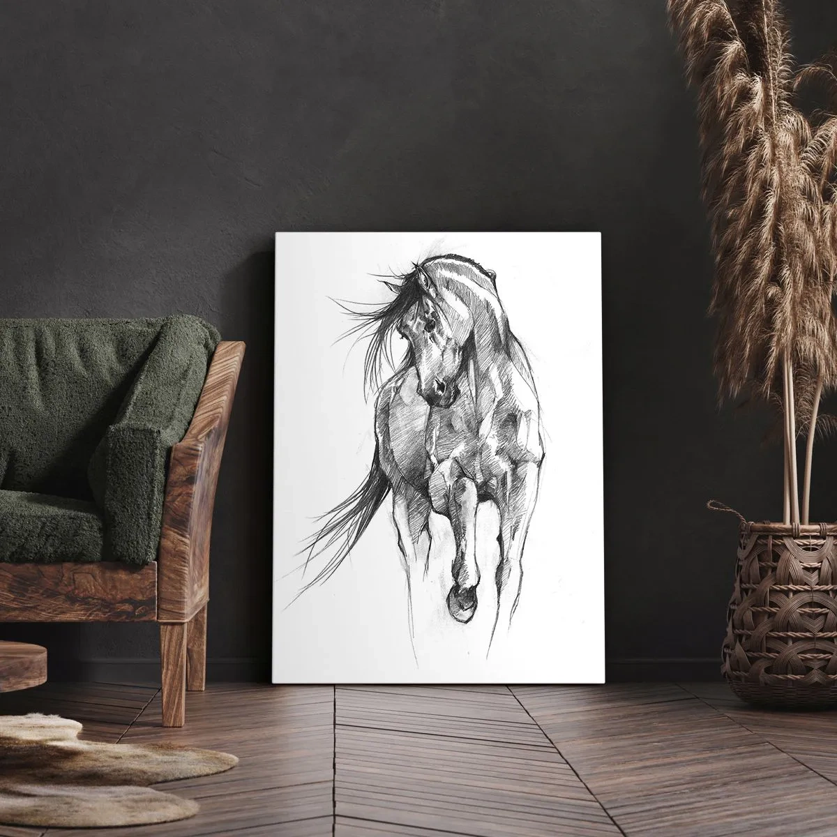 Quadro su tela - Stampe su Tela - Schizzo in bianco e nero di un cavallo al galoppo - 50x70cm - Trotto aggraziato - Decorazione murale moderna per soggiorno e camera da letto ARTTOR