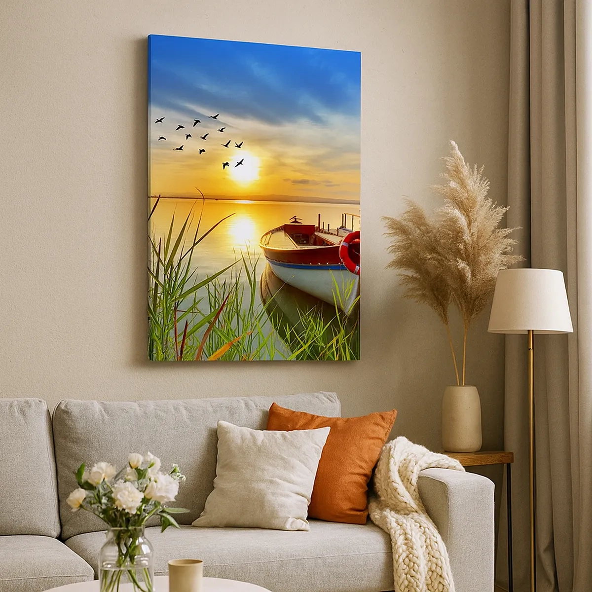 Quadro su tela - Stampe su Tela - Una barca sulla riva di un lago al tramonto - 50x70cm - I cormorano volano già via - Decorazione murale moderna per soggiorno e camera da letto ARTTOR