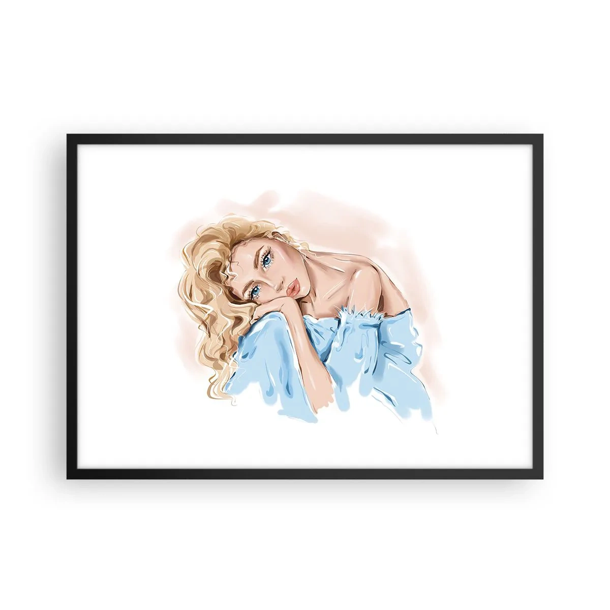 Poster in cornice nera - Ritratto di una donna in abito blu con capelli biondi - 70x50cm - Sognante nel blu - Decorazione murale moderna per soggiorno e camera da letto ARTTOR