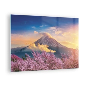 Quadro su vetro - Il monte Fuji sullo sfondo con alberi di ciliegio in fiore in primo piano - 70x50cm - Sacralità giapponese - Decorazione murale moderna per soggiorno e camera da letto ARTTOR